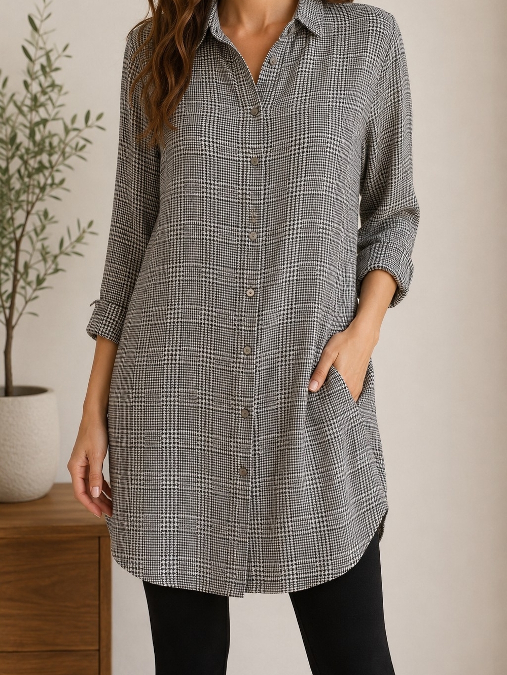 Button-Front Plaid Tunic Shirt Dress - Grey/Black